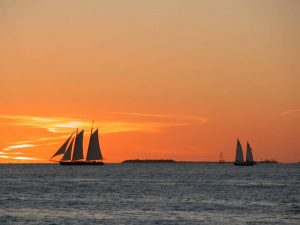 Boats on the sea in the sunset