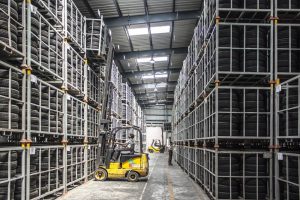A forklift in a warehouse