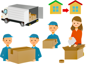 Packing fragile and valuable items for long distance move - moving truck, employees and a person that is moving