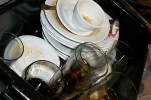 a pile of dirty dishes