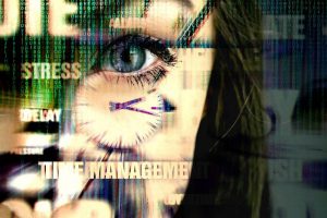 closeup of a woman with a clock superimposed on her face