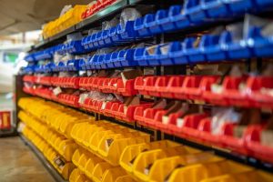 A colorful shelves at storage