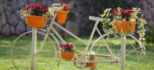 bicycle decorated with flowers is great for outdoor storage