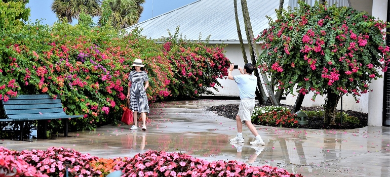 A couple outside after a rain shower