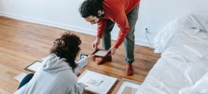 Couple packing photo frames