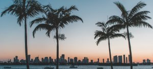 a sunset in the city from the water