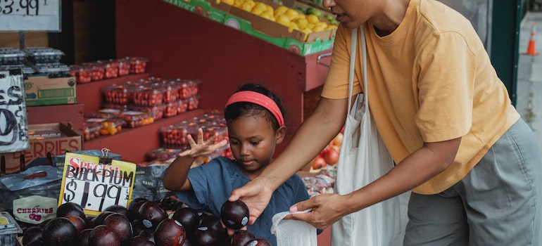 mom and daughter buying groceries