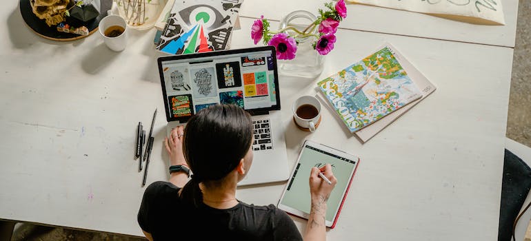 woman working on a temporary workspace